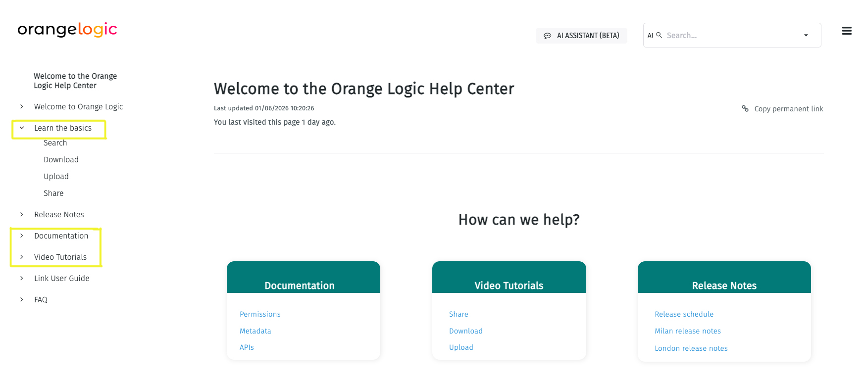 Help Center screenshot showing highlighted menu options